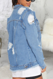 Blue Sexy Casual Patchwork Ripped Turndown Collar Outerwear