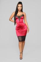 Red Polyester Fashion Sexy Spaghetti Strap Sleeveless Slip Step Skirt Knee-Length lace Patchwork