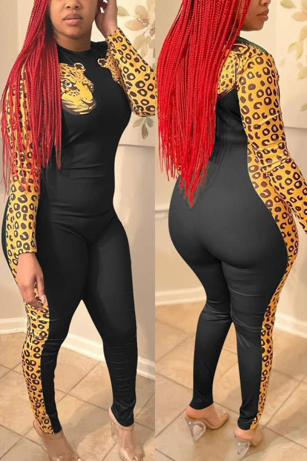 Black Fashion Casual Print Patchwork O Neck Skinny Jumpsuits