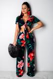 Blue Polyester Fashion Sexy Casual Print Zippered Patchwork Straight Two-piece Pants Set