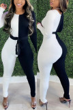 Black And White Fashion Casual Patchwork With Belt Skinny Jumpsuits