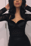Black Sexy Leopard See-through Square Collar Skinny Bodysuits