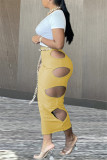 Yellow Fashion Sexy Solid Hollowed Out Asymmetrical V Neck Short Sleeve Two Pieces