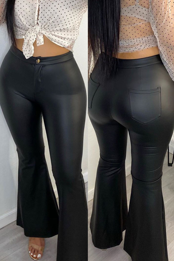 Black Fashion Casual Solid Mid Waist Trousers
