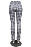 Grey Casual Print Fold Regular Mid Waist Pencil Bottoms