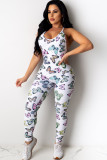 White Sexy Fashion Print Backless Milk. Sleeveless O Neck Jumpsuits