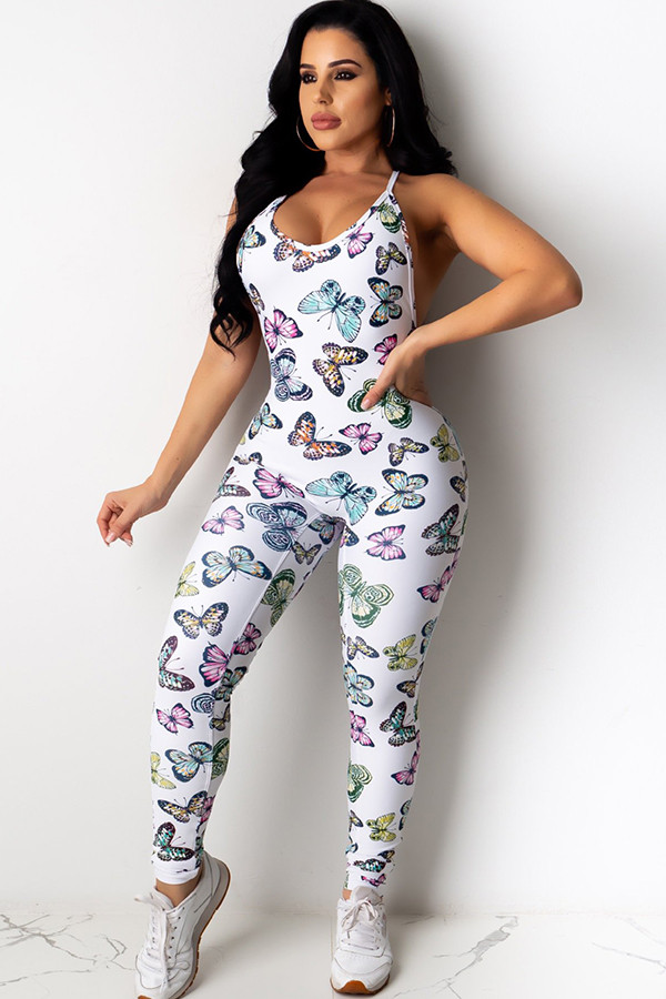White Sexy Fashion Print Backless Milk. Sleeveless O Neck Jumpsuits