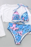 Sky Blue Casual Sweet Solid Leopard Mesh Printing Solid Color Swimwears 3 Piece Set