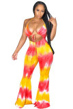 Red and yellow Fashion Sexy Print Patchwork bandage Tie-dyed Hollow Polyester Sleeveless Hanging neck Jumpsuits