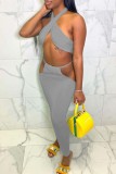 Grey Sexy Solid Hollowed Out Backless Halter Sleeveless Two Pieces