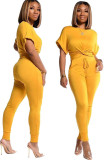 Yellow Polyester Fashion Casual Patchwork Solid Two Piece Suits pencil Short Sleeve Two Pieces