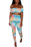 Multi-color Fashion Sexy adult Patchwork Print Tie Dye Two Piece Suits pencil Short Sleeve Two Pieces