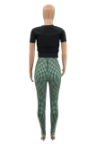 Red Casual Plaid Patchwork Skinny Mid Waist Pencil Patchwork Bottoms