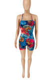 Blue Pink Sexy Print Patchwork Spaghetti Strap Skinny Rompers