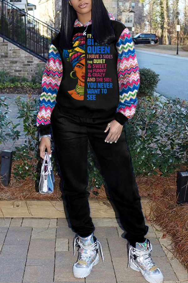 Black Casual Print O Neck Long Sleeve Two Pieces