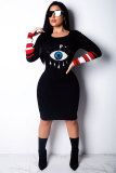 Red Fashion Long Sleeves O neck Slim Dress Knee-Length Print Sequin Patchwork Long Sleeve Dresses