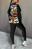 Black Polyester Fashion Casual adult Ma'am Patchwork Print Two Piece Suits pencil Long Sleeve Two Pieces