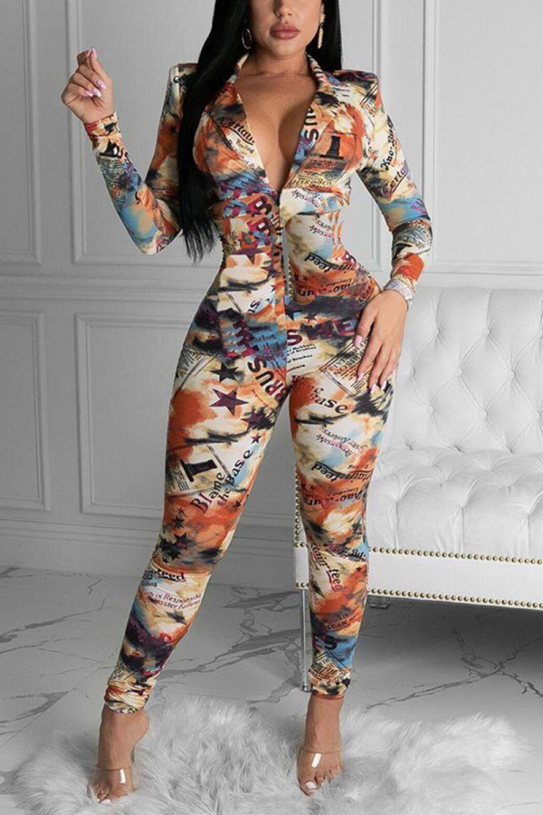 Colour Fashion Casual Print Basic Turndown Collar Skinny Jumpsuits