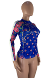 Blue Sexy Print Patchwork Turtleneck Tops