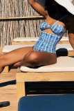 Blue Sexy Print Hollowed Out Patchwork Swimwears