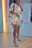 White Fashion Casual Print Slit V Neck Short Sleeve Two Pieces