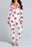 Red White Casual Print V Neck Skinny Jumpsuits