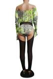 Green Sexy Fashion Leopard grain perspective Print Mesh Hollow Patchwork Long Sleeve one word co