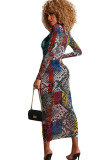 multicolor Polyester Sexy Cap Sleeve Long Sleeves O neck Step Skirt Mid-Calf Print