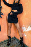 Black Fashion Sexy Solid Hollowed Out Slit O Neck A Line Dresses