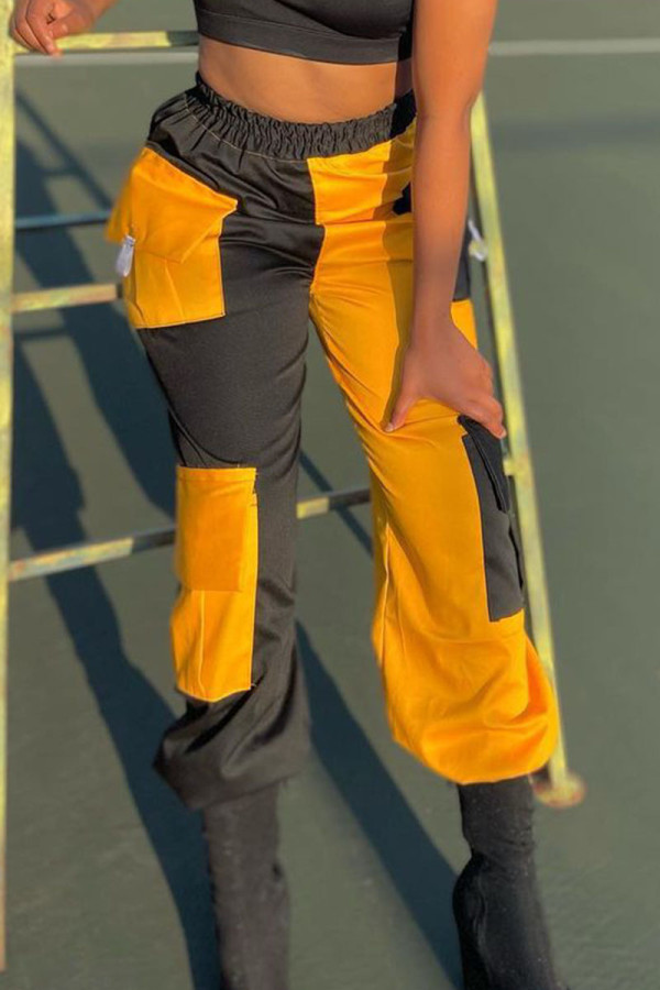 Yellow Casual Patchwork Pocket Straight Mid Waist Bottoms