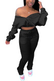 Black venetian Fashion adult Ma'am OL Solid Two Piece Suits pencil Long Sleeve Two Pieces