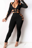 Black Sexy Solid Hollowed Out Skinny Jumpsuits