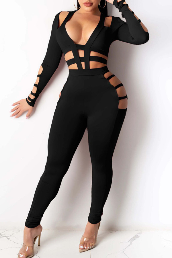 Black Sexy Solid Hollowed Out Skinny Jumpsuits