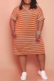 Orange Fashion Casual Plus Size Striped Print Basic V Neck Short Sleeve Dress