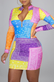 Multi-color Casual Print Patchwork Zipper Collar Pencil Skirt Dresses