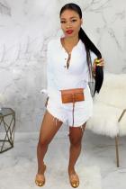 White Fashion Sexy Patchwork Colorblock Denim Long Sleeve Turndown Collar Rompers