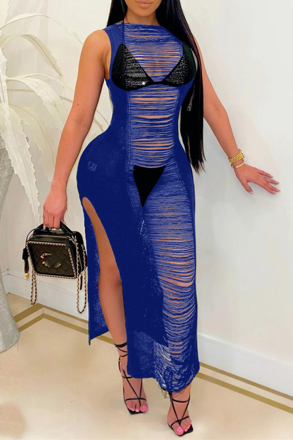 Deep Blue Sexy Solid Hollowed Out Slit O Neck Sleeveless Dress