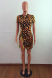 Leopard Print Fashion Sexy Print Leopard Slit O Neck Short Sleeve Dress