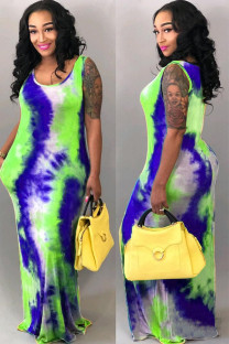 Green Polyester Fashion Sexy adult Green Yellow watermelon red Tank Sleeveless Slip Swagger Ankle-Length Print Patchwork Tie and dye Dresses