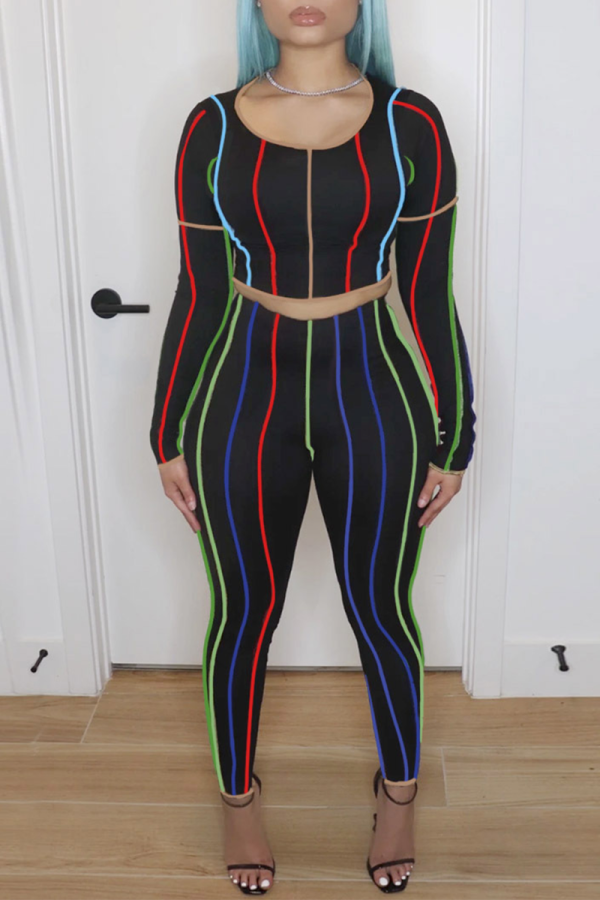 Black Sexy Casual Striped Split Joint O Neck Long Sleeve Two Pieces