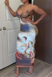Multicolor Fashion Sexy Print Backless Strap Design Halter Sleeveless Dress