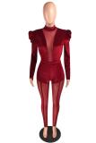 Red Fashion Sexy perspective Patchwork Mesh Solid Long Sleeve O Neck 