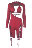 Pink Sexy Solid Hollowed Out Half A Turtleneck Two Pieces