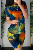 Peacock Blue Casual Patchwork Tie-dye O Neck Short Sleeve Two Pieces