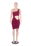 Blue Fashion Sexy Solid Hollowed Out One Shoulder Sleeveless Dress