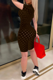 Red Sexy Solid Hollowed Out Zipper Collar Skinny Rompers