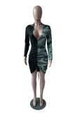 Blue Sexy Print Patchwork V Neck Wrapped Skirt Dresses