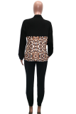Black Casual Leopard Patchwork Turndown Collar Long Sleeve Two Pieces