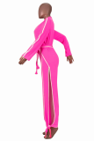 Pink Casual Solid Patchwork High Opening V Neck Straight Jumpsuits