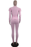 Pink Work Daily Solid Patchwork Flounce O Neck Long Sleeve Two Pieces